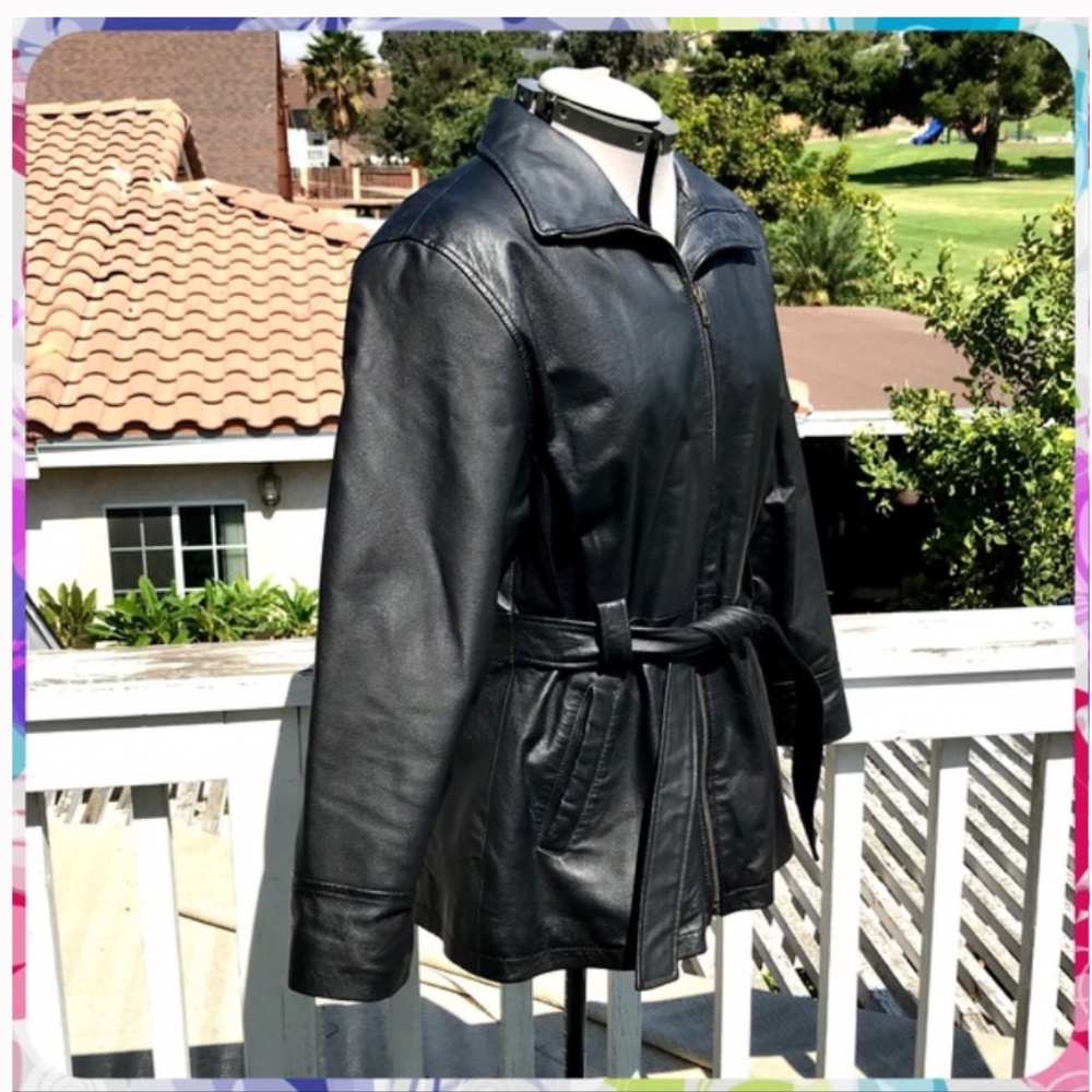 Vintage 90s Soft Black Leather Belted Jacket Coat